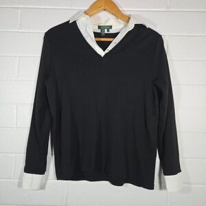 Lauren Ralph Lauren Mock Layer Sweater 1X Black White Collared V-Neck Top